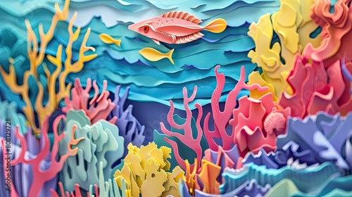 Papercut art of coral reefs  with vibrant colored paper turning white to depict coral bleaching due to global warming.