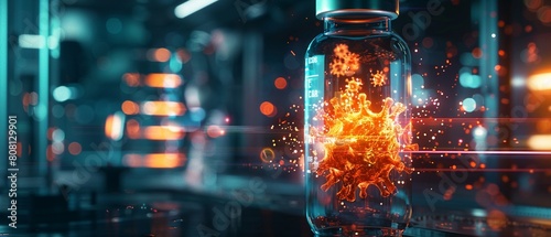 A glowing vial contains a fiery representation of a virus