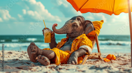 A elefant in human clothes lies on a sunbathe on the beach, on a sun lounger, under a bright sun umbrella