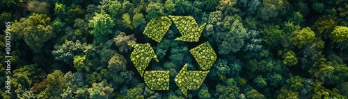 Aerial view of a forest forming a recycling symbol concept of green technology photo