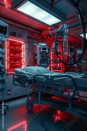 Advanced medical room with glowing red transfusion equipment detailed modern machines
