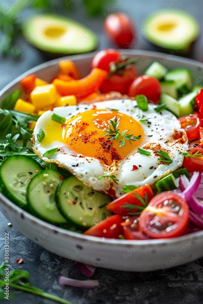Colorful healthy breakfast bowl with a sunny side up egg