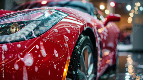 Sports car with bright red color is being washed by soft sponge. Car wash center with high facilities is carefully cleaning the luxury automobile.