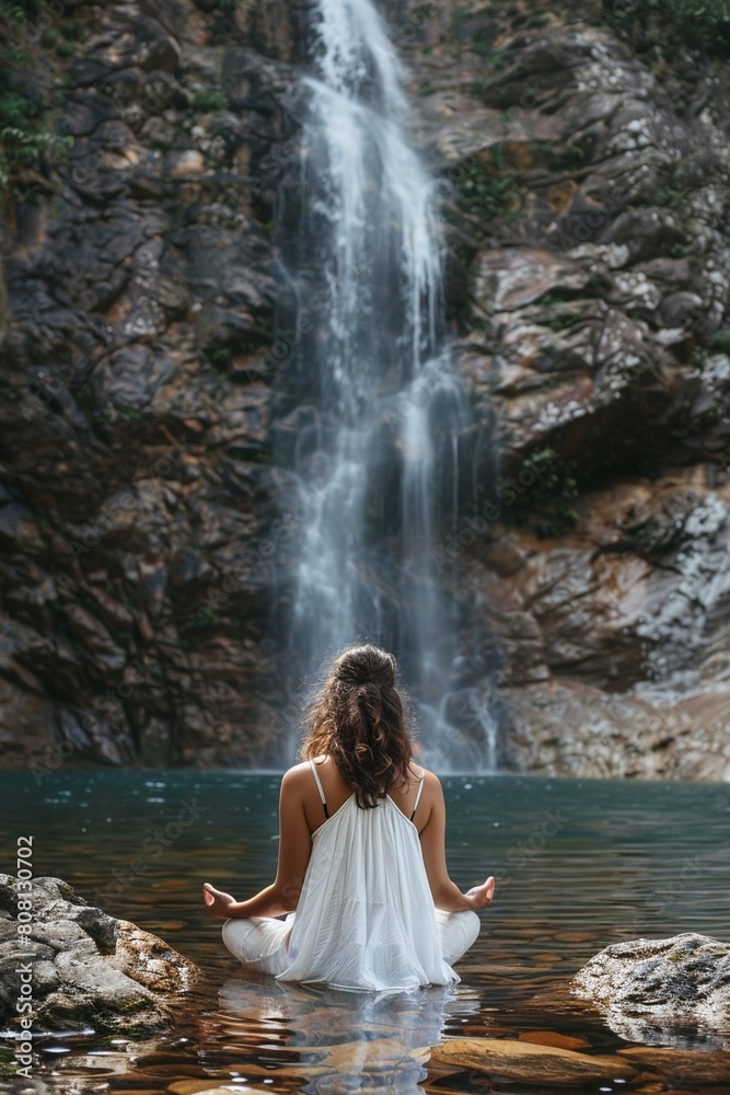 Woman meditating in front of a waterfall embodying peace and tranquility. Wide shot Woman meditating in front of a waterfall embodying peace and tranquility. Wide shot