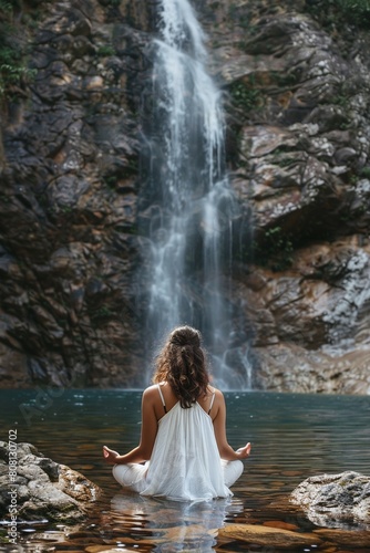Woman meditating in front of a waterfall embodying peace and tranquility. Wide shot