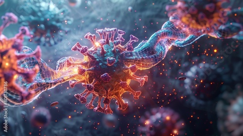 A detailed, close-up digital illustration shows a glowing virus structure connected to neural pathways against a blurred background, symbolizing infection and scientific study.