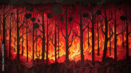 Papercut depiction of a forest fire, with flames and smoke made from red and black paper, representing global warming effects.