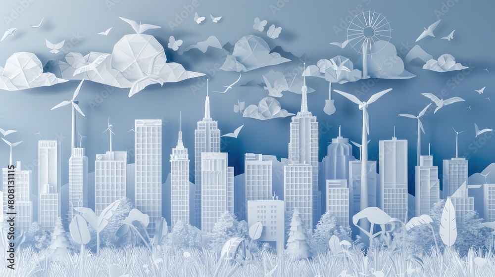 Papercut depiction of a futuristic city running entirely on renewable energy, with no emissions and smog-free skies.