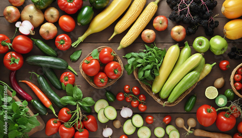  Abundance of fresh  organic vegetables and fruits on a rustic wooden table 