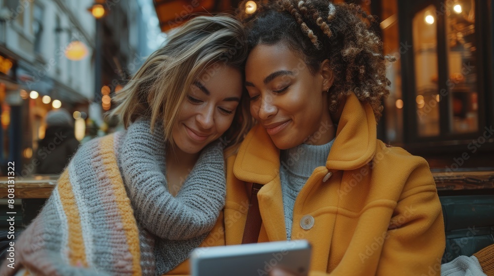A homosexual lesbian couple from a multi-ethnic background enjoys spending time together with a digital tablet A homosexual lesbian couple from a multi-ethnic background enjoys spending time together with a digital tablet