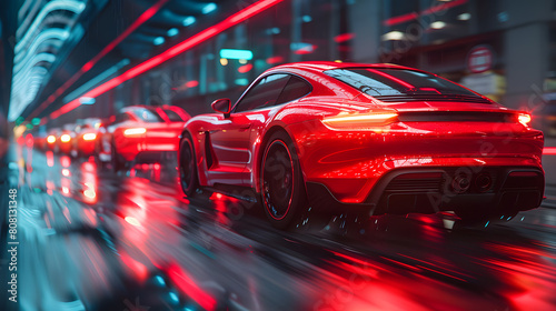 A sleek red sports car cruising through a neon-lit urban tunnel at night, with reflections of city lights on the wet road surface