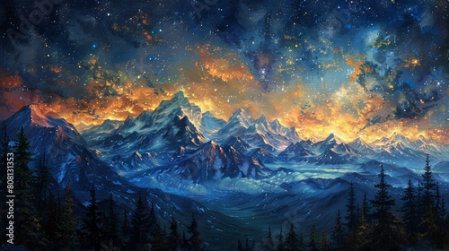 The image is a beautiful landscape painting of a mountain range at night