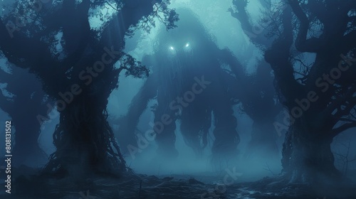 The image is a dark forest with a bright light in the distance. The forest is full of tall trees and thick fog.