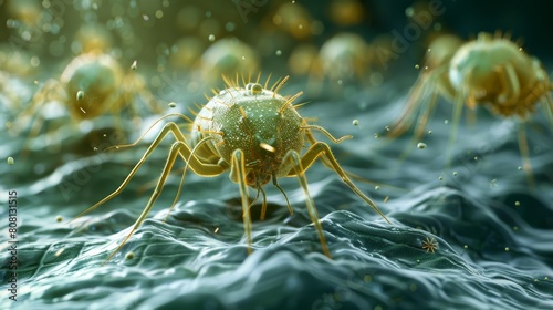 A group of dust mites is shown in microscopic detail  crawling on a fabric surface with particles and fibers  highlighting their anatomy and allergenic presence.