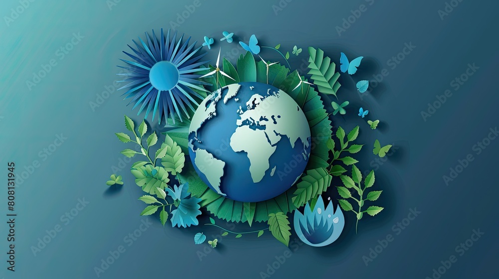 Papercut illustration of a globe surrounded by symbols of renewable energy like sun, wind, water, and leaves.