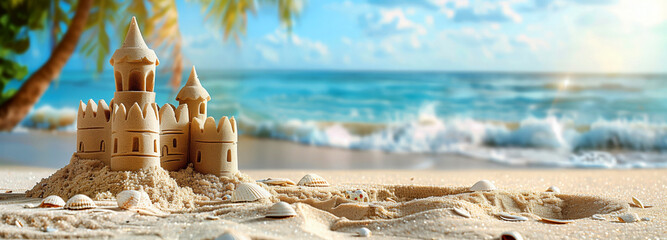 Sandcastle on the beach. Holidays and travel concept. Banner, copy space