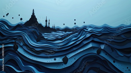 Papercut illustration of a landscape marred by oil spills, with black paper oil contaminating blue paper water. photo