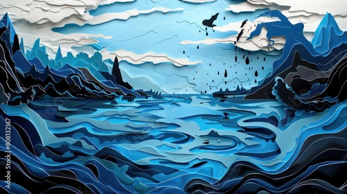 Papercut illustration of a landscape marred by oil spills, with black paper oil contaminating blue paper water. photo