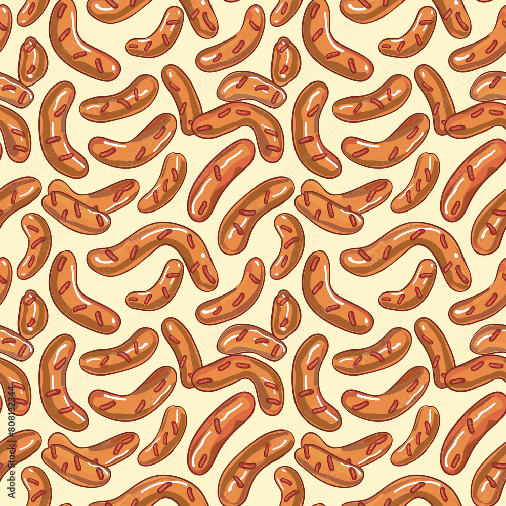 A design featuring a repetitive pattern of sausages, showcasing various types and cuts in a realistic or stylized form. A design featuring a repetitive pattern of sausages, showcasing various types and cuts in a realistic or stylized form.