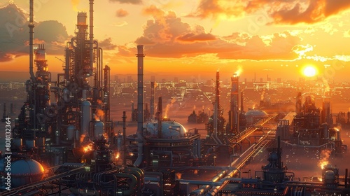 The image shows an industrial area with many factories and pipelines. The sky is orange and the sun is setting. The image is very detailed and realistic.