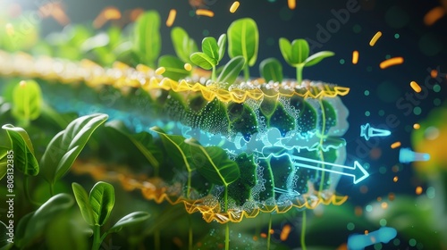 A computer-generated illustration of a plant cell interior with chloroplasts converting sunlight into energy photo