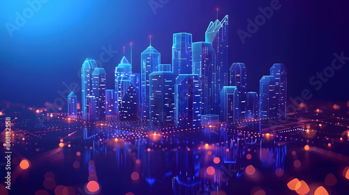 Wireless smart city or network design in low poly wireframe style with building automation and computer board illustration isolated on a dark blue background, enhanced by plexus points and lines.