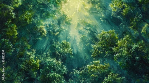 The lush green foliage of the forest canopy creates a dense and vibrant ecosystem.