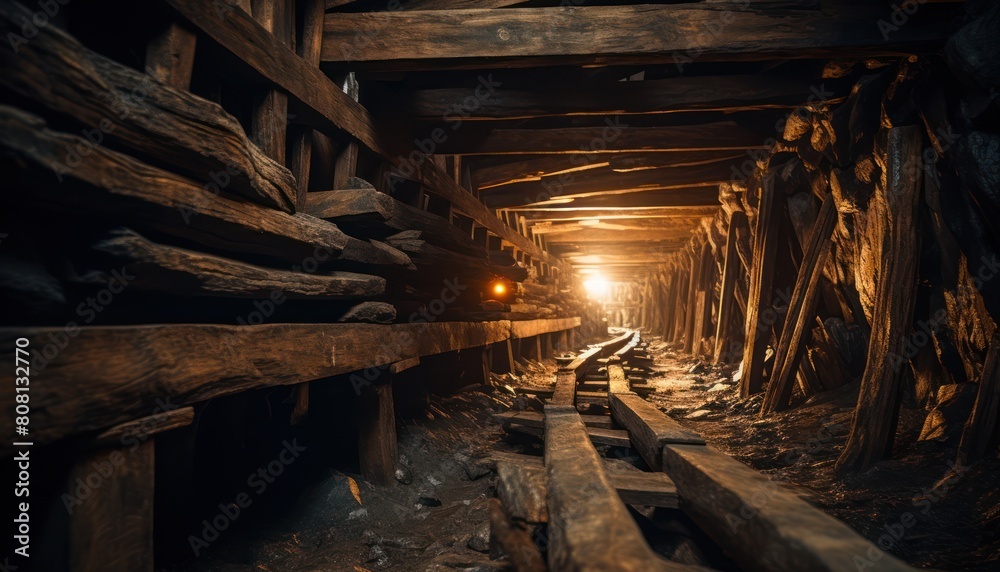 Wooden beams support a mining tunnel leading towards a bright light at the end Wooden beams support a mining tunnel leading towards a bright light at the end