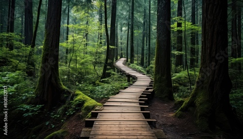 A wooden path winding through a thick forest landscape