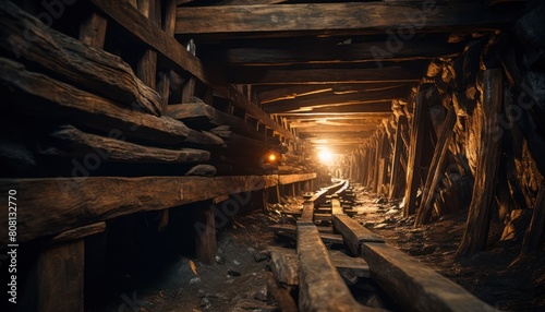Wooden beams support a mining tunnel leading towards a bright light at the end
