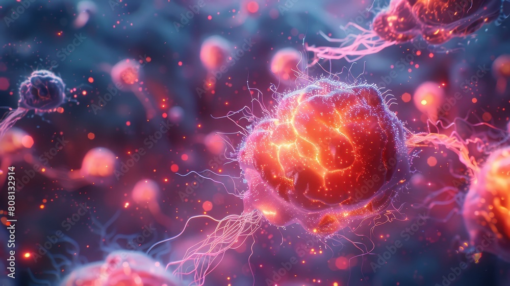 Close-up of nerve cells and glowing synapses, highlighting electrical signals and intricate neural connections against a vibrant, colorful background. Close-up of nerve cells and glowing synapses, highlighting electrical signals and intricate neural connections against a vibrant, colorful background.