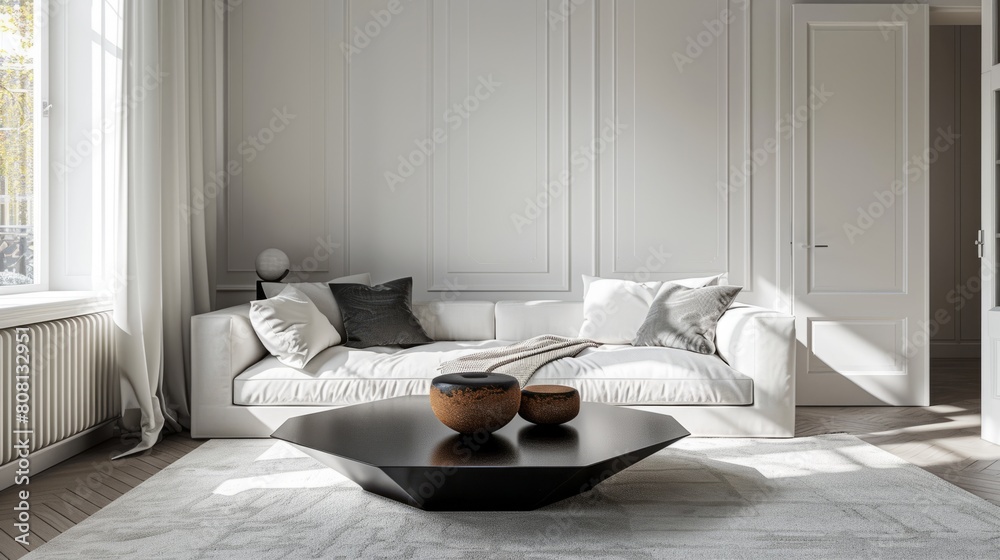 Fototapeta premium modern interior decor, modern minimalist interior design with a white sofa, geometric black coffee table, and natural light in the living room