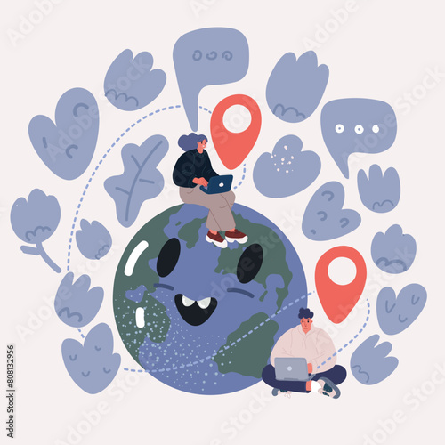 Cartoon vector illustration of Work from anywhere around the world, remote working or freelance, international company or global business concept, business people sitting around world map on globe. Pe
