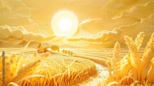 Papercut of a farm with crops wilting under a harsh paper sun, depicting the impact of global warming on agriculture. photo