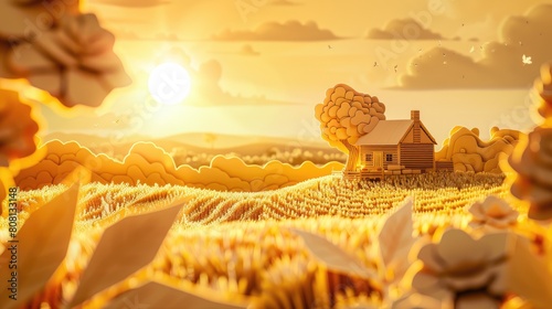Papercut of a farm with crops wilting under a harsh paper sun, depicting the impact of global warming on agriculture. photo