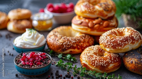 bagel bar, homemade bagels paired with a variety of cream cheese flavors, perfect for a flavorful breakfast or snack