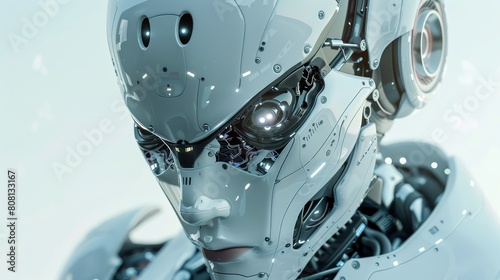 The robot is made of metal and has a human-like face