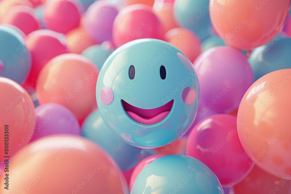 A blue smiley face balloon floating in a sea of pastel-colored balloons.
