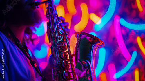 Close-up of a saxophone player under a neon-lit aurora