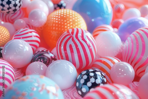 A lot of colorful balls with different patterns are laying on the table.