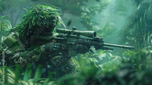 A camouflaged sniper dressed in a ghillie suit aims through a rifle scope, blending seamlessly into the dense jungle foliage.