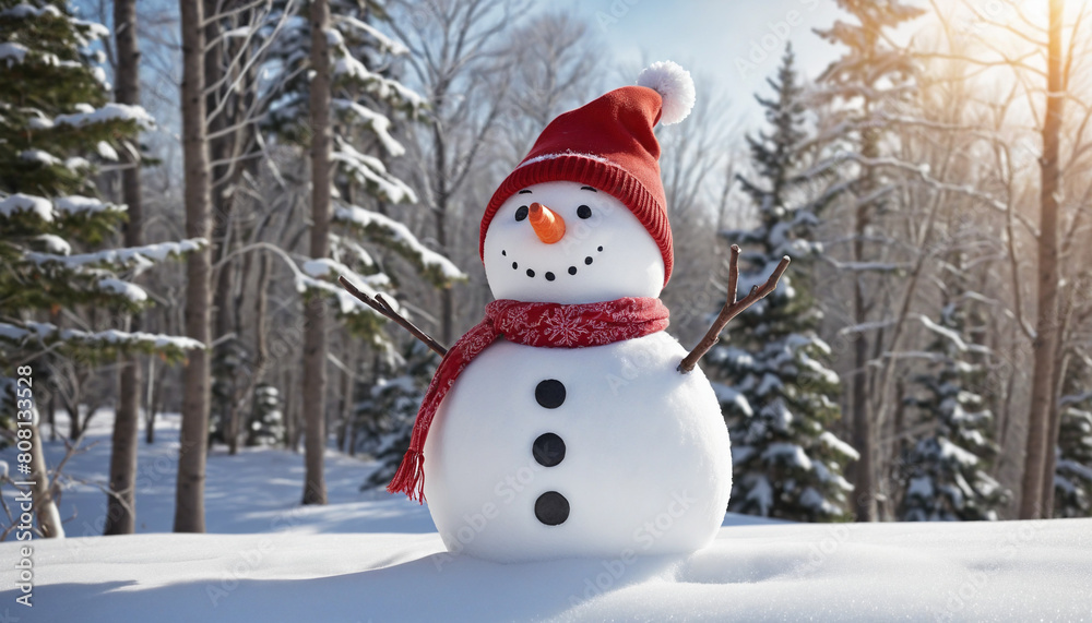 Snowman with cap and scarf in a snowy winter landscape