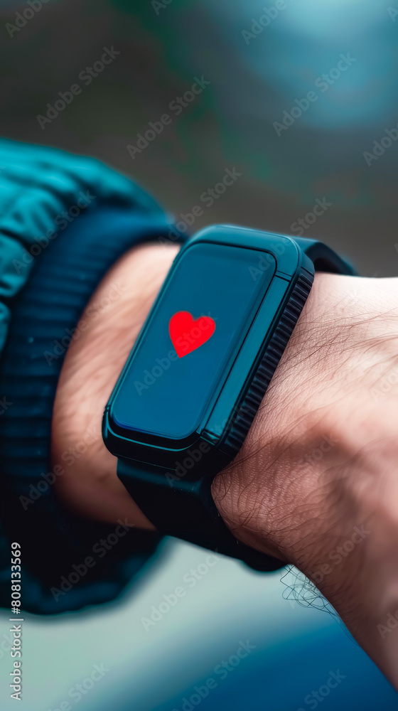 Fototapeta premium Detailed close-up of a fitness tracker on a wrist, displaying real-time data on activity level and heart rate