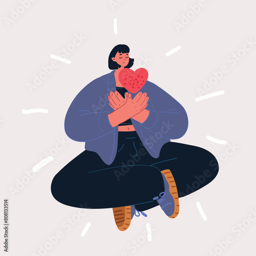 Cartoon vector illustration of Young woman embraces a big red heart with mindfulness and love. Smiling female character sits in lotos pose with closed eyes and enjoys her freedom and life. Body positi