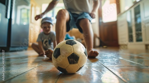 father playing soccer with son at home  man play football with kid at living room  person kick ball