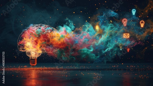 A glowing brain shaped like a light bulb emits a colorful cloud of creativity, illuminating symbolic ideas in the form of icons. photo