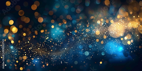 blue gold bokeh,  Golden light shine particles bokeh on blue background. . Abstract blue background with Dark blue and gold particle.Christmas banner photo