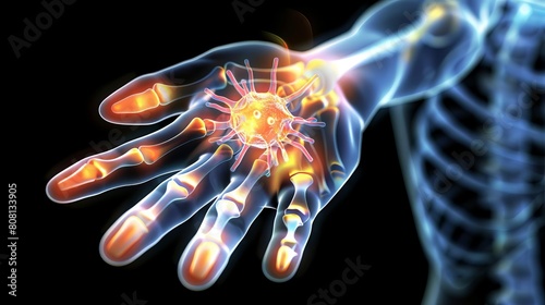 A composite of glowing pain radiating from the wrist  set against a digital backdrop of medical imaging and anatomical information