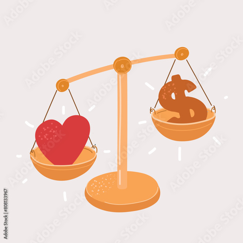 Cartoon vector illustration of Heart and money on balance scale. Order of priority in life among love and money, feeling and business, work and health