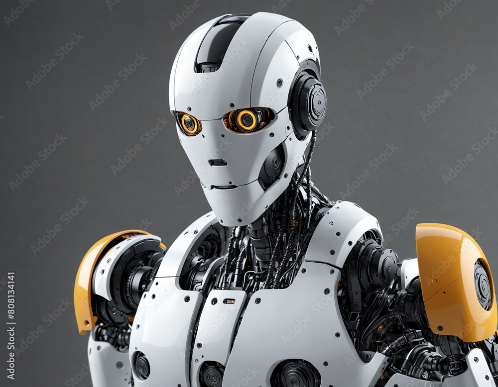 robot cyborg ai with white body and black and orange accents, artificial intelligence bot